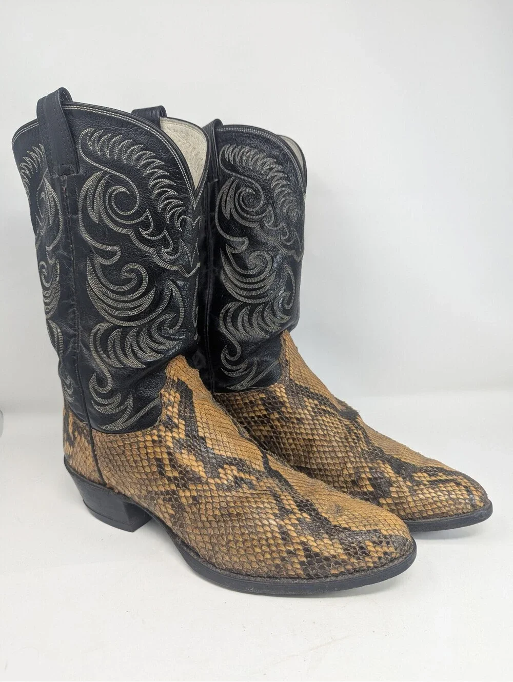 Olathe Snakeskin Python Cowboy Western Boots Mens 13 USA Black Gold Leather Show